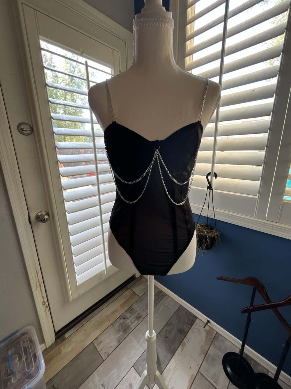 SHEIN BAE Black Mesh Corset Style Bodysuit with Decorative Chain Straps